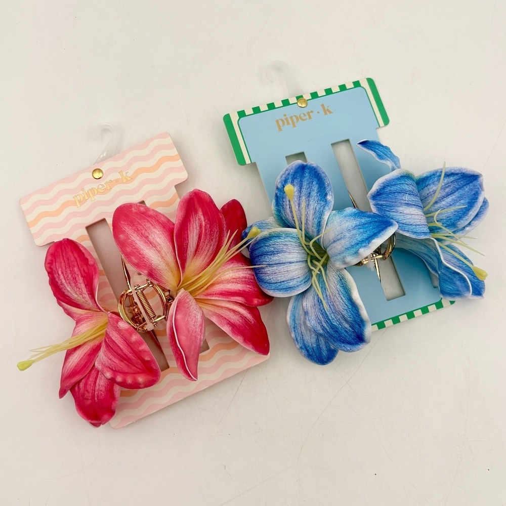 Piper K 2pc Floral Lily Hair Claw Clips Pink Blue Tropical Gold Metal Jaw Clips